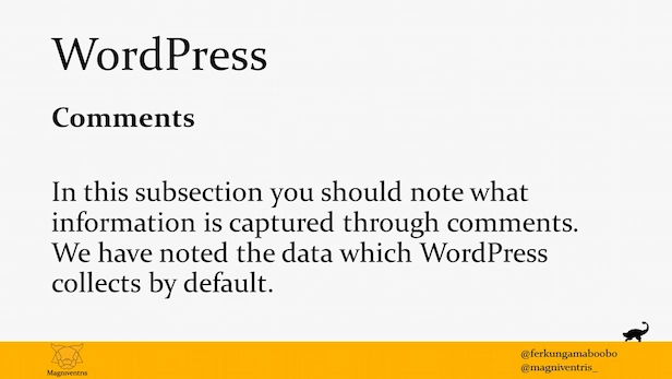 Ninth presentation slide, again quoting the WordPress privacy policy template: 'Comments. In this subsection you should note what information is captured through comments. We have noted the data which WordPress collects by default.'