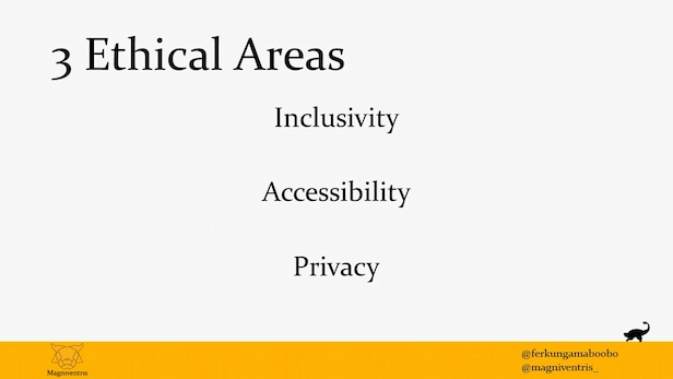 Second presentation slide, reading '3 Ethical Areas. Inclusivity, Accessibility, Privacy.'