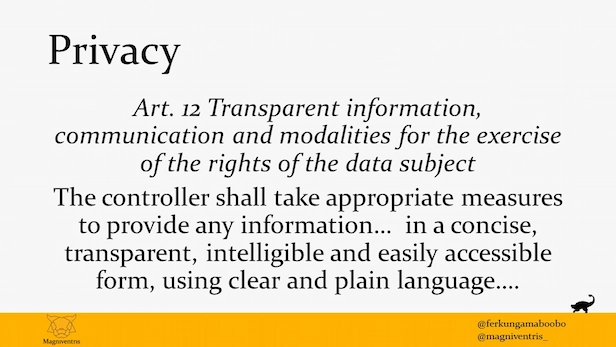 Eighth presentation slide, quoting the GDPR: 'Art. 12 Transparent information, communication and modalities for the exercise of the rights of the data subject. The controller shall take appropriate measures to provide any information… in a concise, transparent, intelligible and easily accessible form, using clear and plain language….'